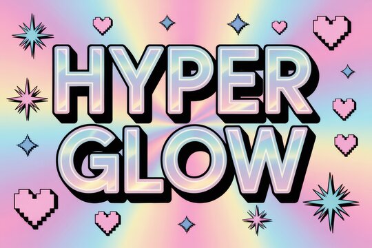 Holographic pastel "Hyper Glow" text with pixel hearts and retro stars on a colorful light background in a creative pop art style. Ai generative