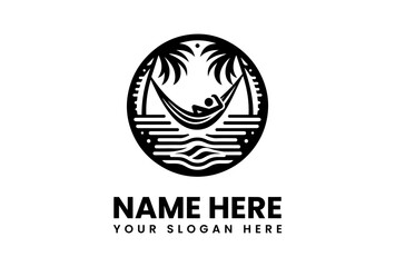 Naklejka premium Relaxing Beach Scene Logo Design with Hammock.