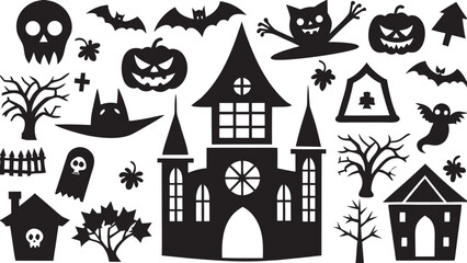 Obraz premium Halloween Silhouette Vector Set with Haunted House Pumpkins Bats and Ghosts