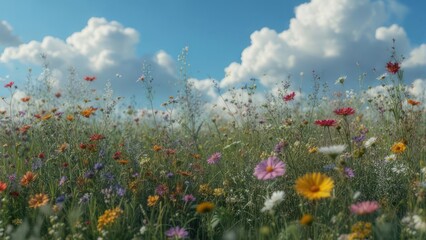 Obraz premium Colorful wildflower meadow under a partly cloudy sky