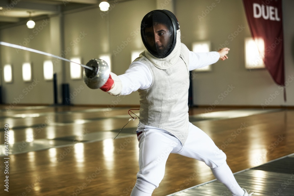 Poster focused fencer lunging forward with épée in brightly lit indoor arena, showcasing dynamic motion and