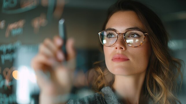 Confident businesswoman writing key points on transparent glass board