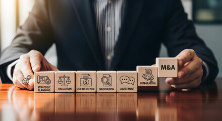 Business executive presenting M&A process with strategic planning, valuation, and integration stages