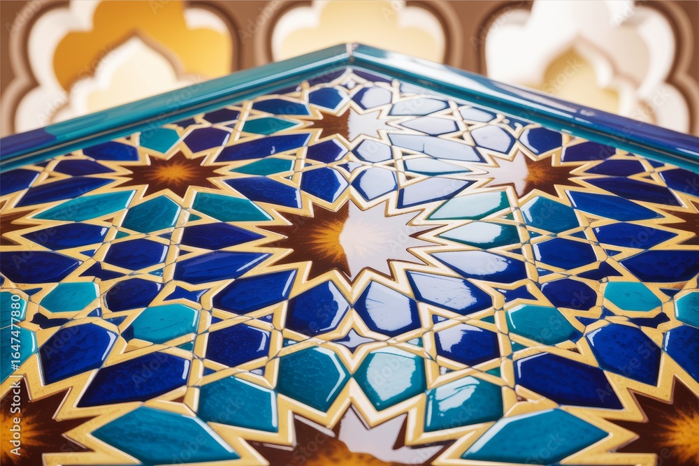Poster islamic geometric tile pattern in blue and gold with glossy texture on abstract background with soft
