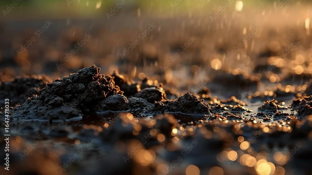 Poster close-up of damp soil with subtle reflections of light on the surface.