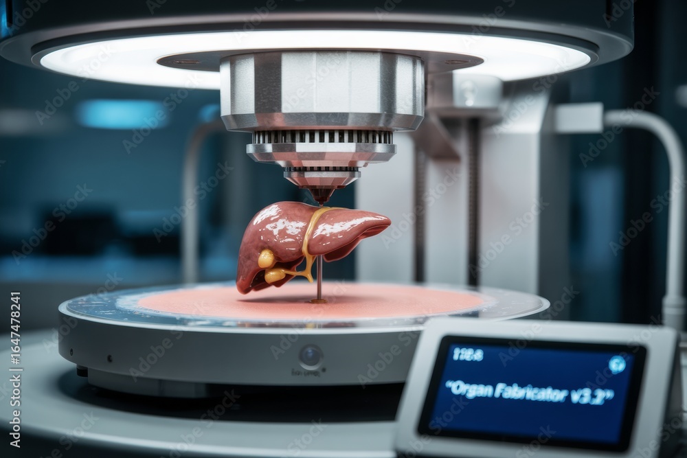 Poster high-tech machine creating human liver using advanced bioprinting technology with digital screen int