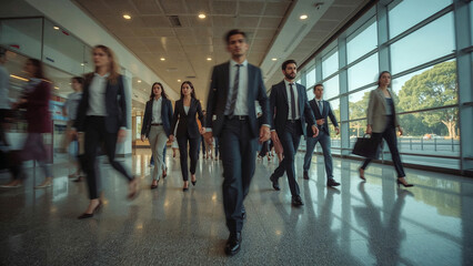 Diverse business people walking in a large sleek modern hall .