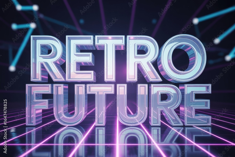 Poster retro futuristic text with neon light effect and grid background in abstract digital style, glowing 