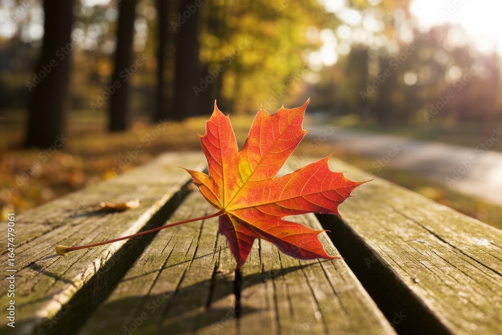 Aufkleber autumn maple leaf on wooden bench with warm sunlight and blurred forest background in a peaceful fal