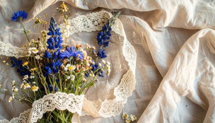 a bouquet of wildflowers rests on a textured, off white cloth, accented by delicate white lace