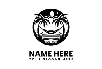 Silhouette of a Tropical Scene with Palm Trees Hammock and Moon.