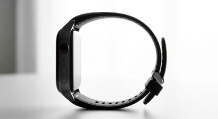 Sleek, modern smartwatch profile.  A black watch with a dark silicone band.  Minimalist design