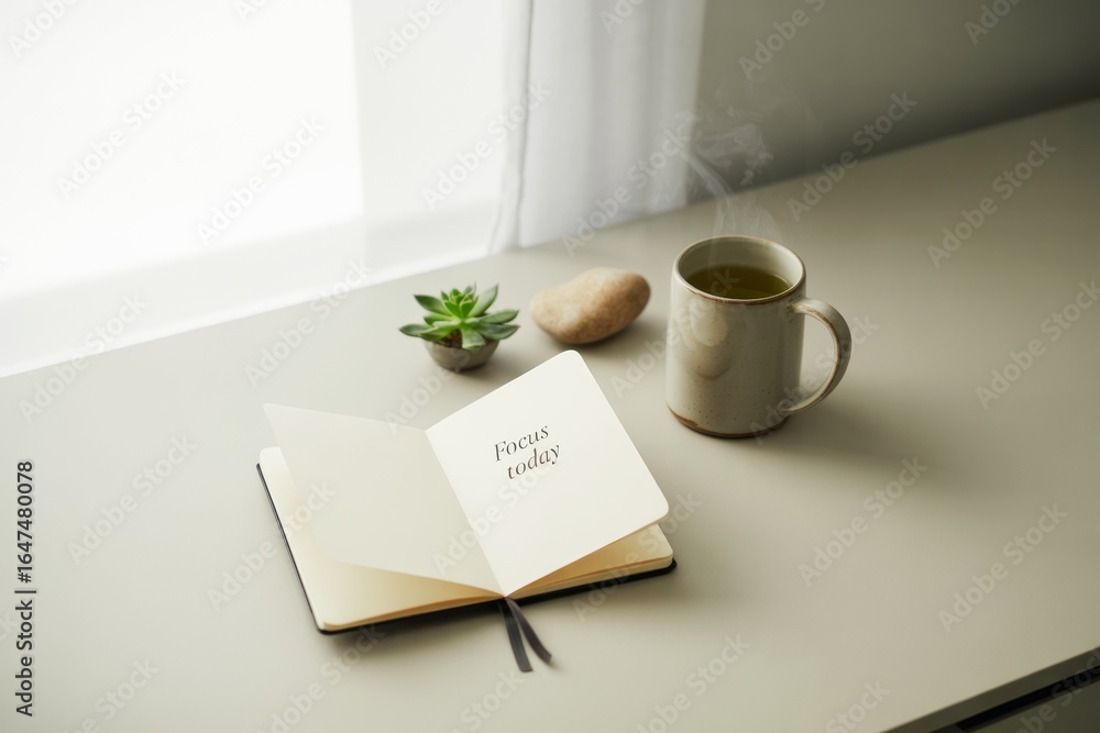Poster minimalist workspace scene with open notebook showing 
