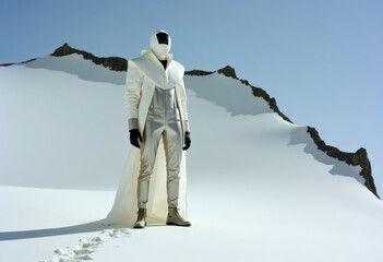 An astronaut in a futuristic outfit standing on top of a snowy mountain. The figure is wearing a white outfit with a helmet, exuding an air of mystery against the backdrop of a bright sky