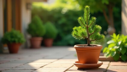 Dwarf pine in rustic terracotta pot, sun-drenched patio , garden, warm