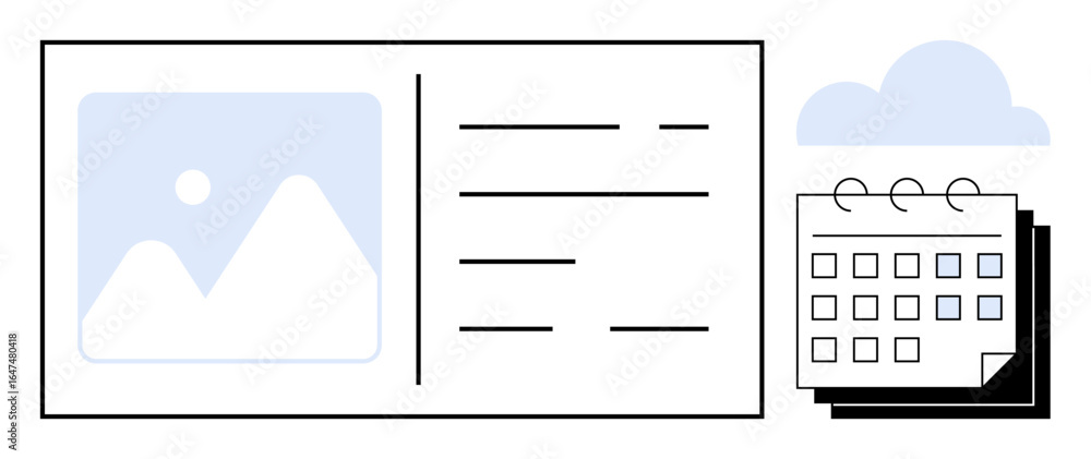 Poster photo placeholder with text lines alongside a calendar and a cloud element. ideal for scheduling, or