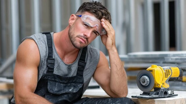 Tired construction worker suffering from headache on construction site