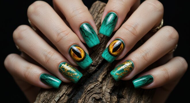 Unique Green Cat Eye Nail Art with Dragon Scale Design and Gold Accents