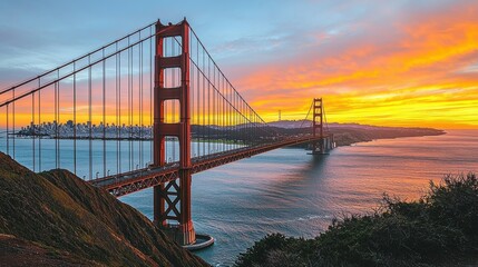 Fototapeta premium Golden Gate Bridge silhouette sunset dramatic sky Art Deco towers suspension cables San Francisco Bay warm colors evening light Pacific Ocean