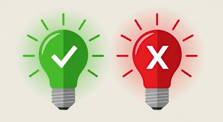 Idea of Choice: The luminous glow of a green light bulb with a checkmark suggests positive decisions and ideas, juxtaposed with a red light bulb with an X represents a negative decision.