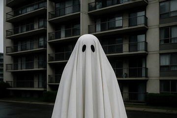 Hyper realistic ghost in white sheet in front of condominium