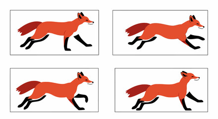 Animated red fox sequence showing various running and jumping poses on a white background