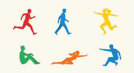 Colorful human silhouettes illustrating various movements and active poses on a light background