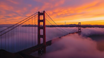 Bridge silhouette sunset famous American suspension bridge red steel framework towers cables against vibrant orange pink evening sky through fog