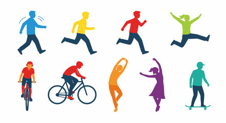 Colorful silhouettes illustrating different human physical activities and active lifestyles