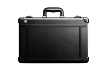 Classic Black Briefcase with Smooth Metallic Finish and Embossed Pattern, Front Center View, Transparent Background