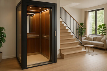 Residential Elevator Interior with Wooden Paneling and Modern Staircase