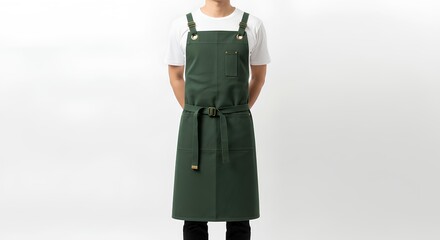 Stylish person wearing a versatile dark green work apron with cross-back straps. Professional uniform for a chef or barista isolated on white.