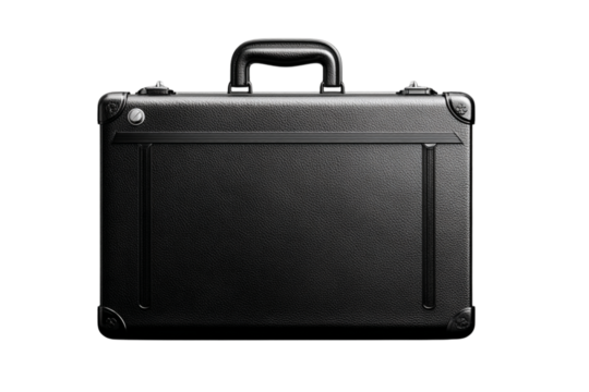 Classic Black Briefcase with Smooth Metallic Finish and Embossed Pattern, Front Center View, Transparent Background