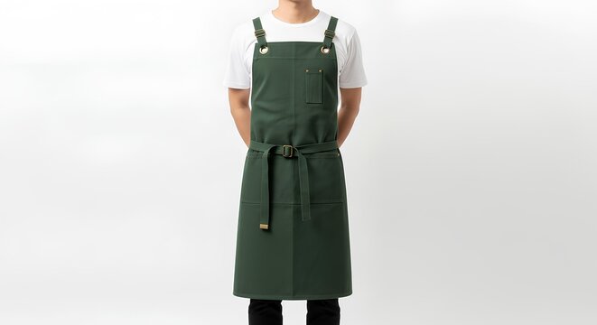 Stylish person wearing a versatile dark green work apron with cross-back straps. Professional uniform for a chef or barista isolated on white.