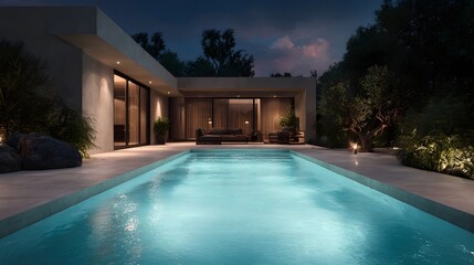 Fototapeta premium Luxurious home with illuminated swimming pool and modern architecture