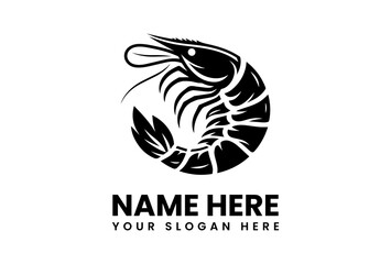 Stylized Black Shrimp Silhouette with Curved Body and Prominent Antennae.