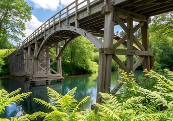 Old wooden bridge crossing a river surrounded by lush greenery