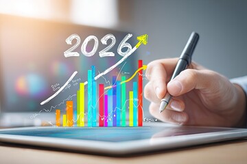 Hand holding pen over tablet with 2026 and graphs