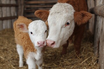 Obraz premium Close up of a Hereford calf and adult cow touching noses in a barn with hay on the ground