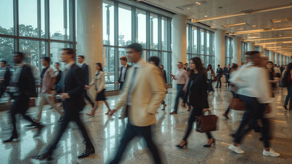 Diverse business people walking in a large sleek modern hall .