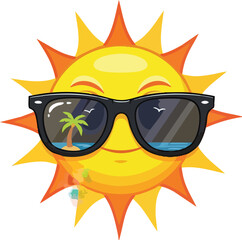 Cartoon sun wearing sunglasses, reflecting a tropical island scene.
