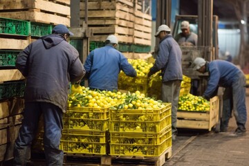 Asian laborers moving freshly harvested lemons in yellow plastic crates within a bustling fruit warehouse