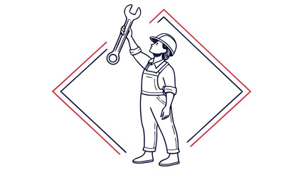 Illustration of a mechanic in overalls holding a wrench within a diamond shaped border design