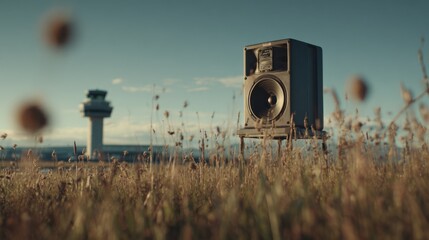 Focused medium shot of a perched speaker system emitting sound waves near airport boundary softly blurring the surrounding grass field and distant control tower illustrating bird