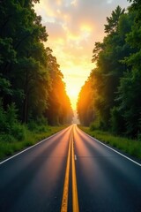 Fototapeta premium Empty highway cuts through vibrant green forest at sunrise Golden hour light bathes the scene , ecology, color