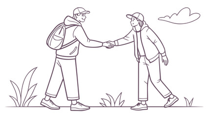 Two people in outlined style shaking hands outdoors with grass and a cloud in the background