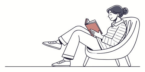 Woman sitting in a chair reading a book with striped shirt and white pants in a minimalist style drawing