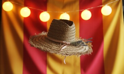 Straw hat,  floating against a circus backdrop