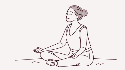 Woman meditating in lotus position wearing tank top and pants in a simple line drawing style illustration