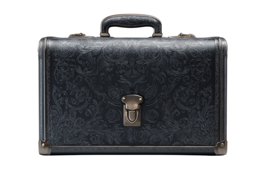 Dark Charcoal Business Briefcase with Elegant Surface Pattern, Slight Angled Front Perspective, Transparent Background